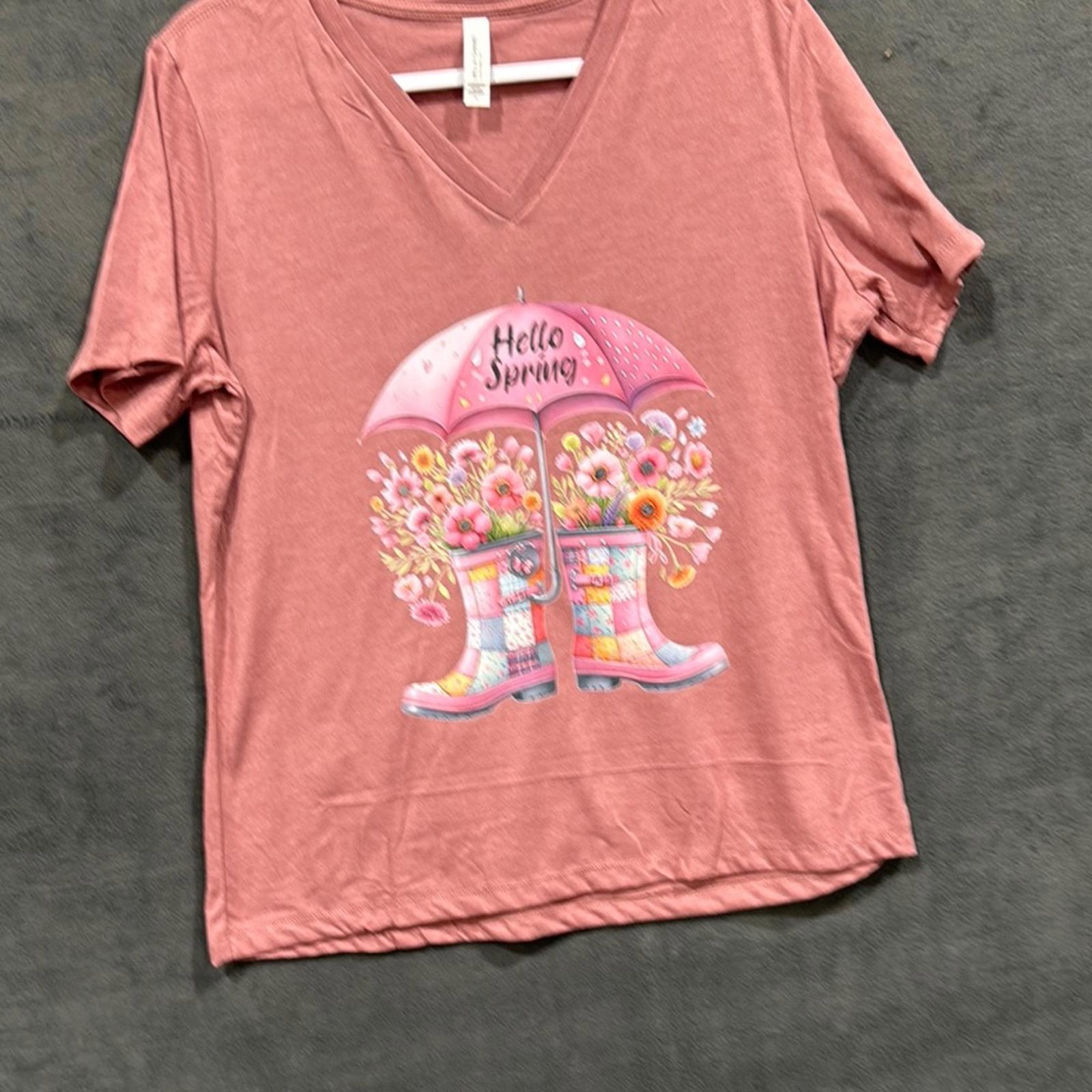 Pink V-Neck T-Shirt With Spring Boots Graphic